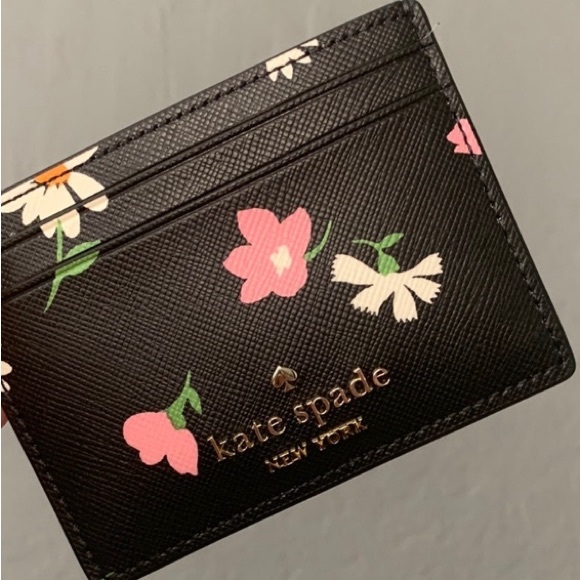Kate Spade Black Card Holder with Pink and White Floral Design - Picture 2 of 9